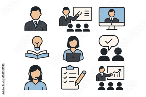 A vector sheet featuring corporate training icons on a grey background is perfect for e-learning products, business education materials, or workplace learning campaigns