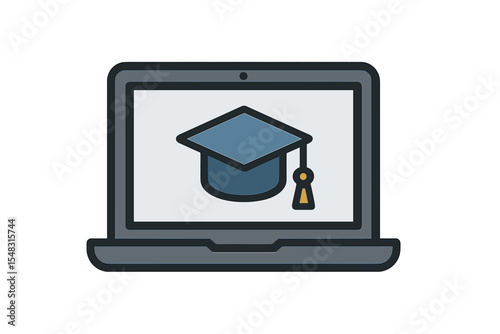 Laptop icon featuring a graduation cap for e-learning, online education, certification tracking, and academic achievement platforms