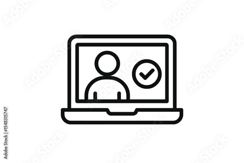 An icon of educational technology is represented by a laptop with a person and a checkmark, symbolizing adaptive learning, online tutoring, and e-learning platforms, in an outline style vector