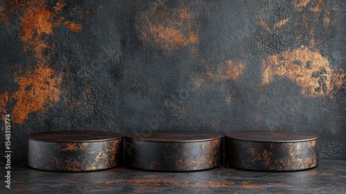 Three dark, circular podiums on a distressed, copper-toned backdrop