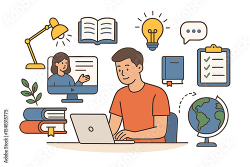 Illustrations of vectors in color, related to distance learning, online courses, business, education, digital books, textbooks, exam prep, and homeschooling