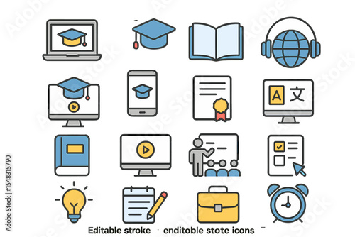 The eLearning and education Icon collection comprises 16 editable stroke icons suitable for logos, statistics, and infographics, with adjustable line thickness in Adobe Illustrator or similar vector