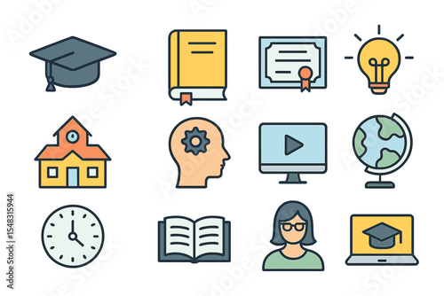 A set of education and learning icons is available, featuring outline, academic, and e-learning symbols