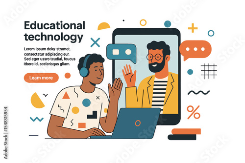 Modern flat vector concept digital illustration of distant education via application, featuring a student and tutor video chat, is showcased on Technology Memphis, focusing on educational technology