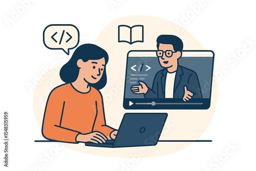 The concept of an online education platform involves a woman learning to code from a laptop through an online course, while a teacher delivers a video lesson via webinar, facilitating remote study