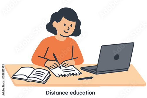 The student acquires knowledge while seated at the table, surrounded by the concept of distance education and e-learning, amidst a study process