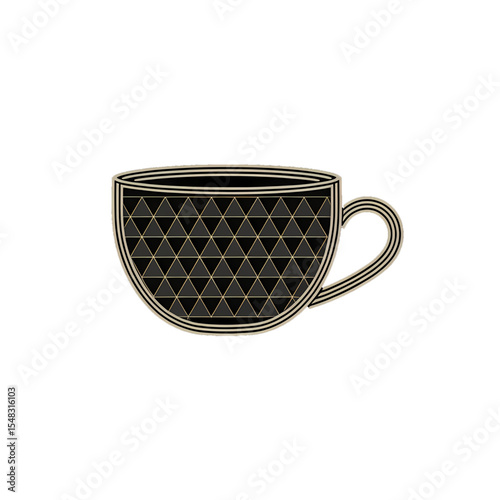 Elegant line art showing a geometric cup and saucer on a clean background with intricate designs