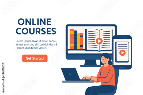 Online learning is accessible through the website and mobile site, accompanied by a digital library on a smartphone, along with online training courses, as depicted in a conceptual vector