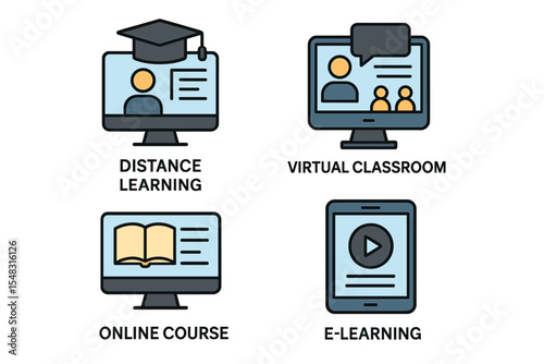 The university icon collection comprises distance learning, virtual classroom, online course, and e-learning icons, presented in a simple flat vector illustration style