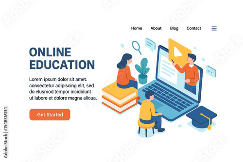 The concept of online education technology is depicted through an isometric web page and vector illustration, where flat characters of a man and woman acquire knowledge via computer