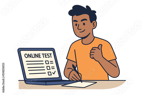 Flat vector illustration depicting a student taking an online test with confidence