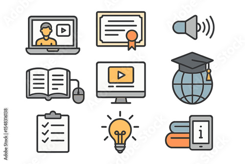 A set of line vector icons is available for online education and e-learning activities, showcasing a range of learning tools and resources
