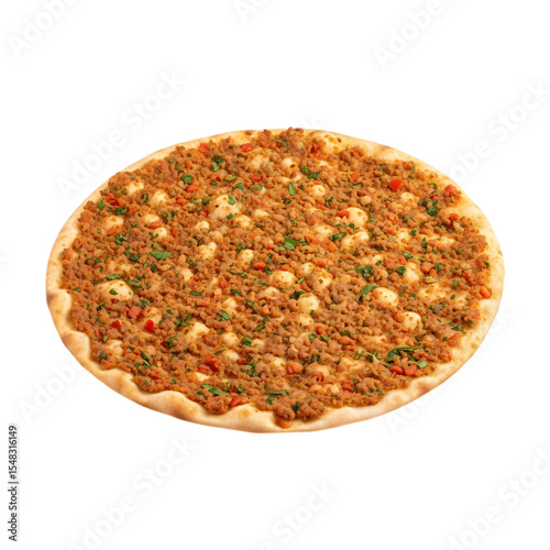 A thin and crispy, traditional Turkish Lahmacun, or Turkish pizza, with a meat topping on isolated transparent background, a popular light meal.