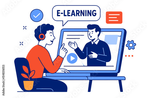 Design a vibrant vector illustration that depicts a student immersed in an e-learning environment, incorporating contemporary design components