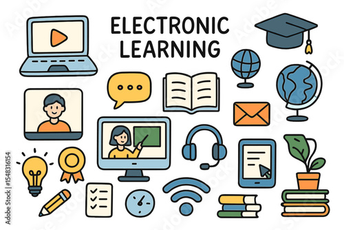 A collection of hand-drawn line art style doodles representing electronic learning is available as an online school vector illustration set