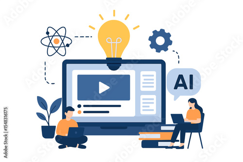 The concept of innovation in education incorporates e-learning and , depicted through an online course vector illustration featuring students and a lightbulb idea, symbolizing knowledge