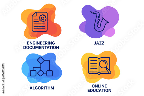 Vector illustrations include dynamic liquid shapes, a set of engineering documentation icons, jazz and algorithm symbols, a search book sign, manual, saxophone, and project elements, all related to