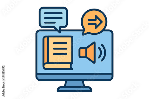 The icon of online education is represented by a computer that utilizes e-learning through e-books or audio books to share information