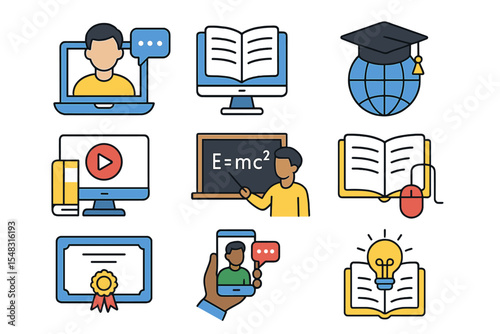 A set of icons for online education is available, featuring flat designs, tutoring, and e-learning symbols