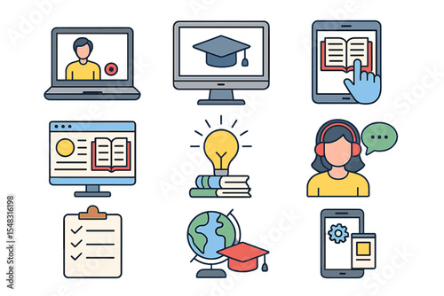 A set of e-learning icons that symbolize different facets of educational technology and digital learning
