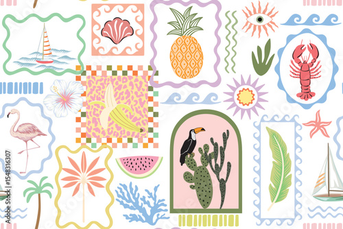 Sailboat, sea wave, palms, flamingo, lobster, toucan, cactus, pineapple, watermelon, banana, hibiscus flower, shell, eye in the frames seamless pattern. Summer patchwork wallpaper.
