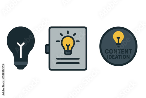 E-learning idea icons are represented in a solid style, including symbols for idea generation such as a lightbulb, brainstorm card, and content ideation badge