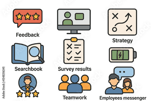 A set of educational vector icons is available, covering topics such as feedback, video conferencing, and strategy, in addition to search books, survey results, and battery charging symbols, as well