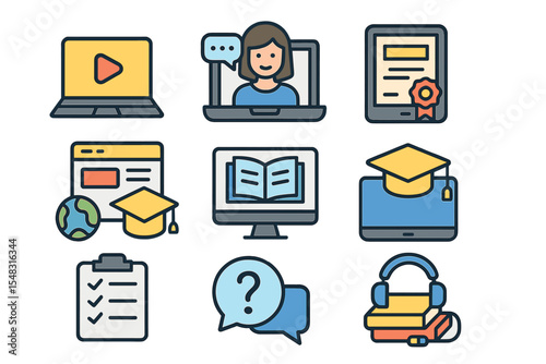 A set of flat icons for education technology, including symbols for online learning and e-learning