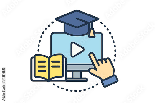 Icon representing an educational element, including tutorials and training, in a flat design style