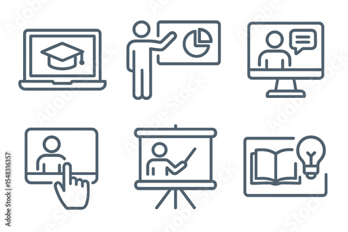 A set of editable stroke outline icons for education, seminar, online learning, and webinar is isolated on a white background in a flat vector illustration, pixel perfect, sized 64 x