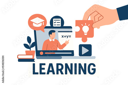 The concept of e-learning encompasses online education technology, including webinars, teaching, and online training courses, all of which contribute to skill development, as symbolized by a hand