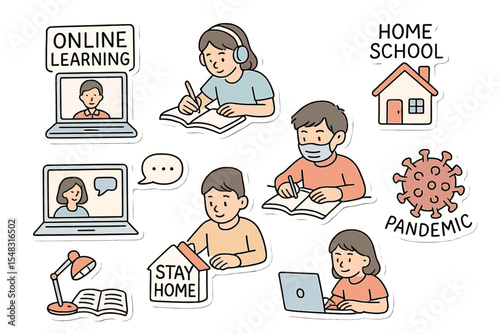 Online learning and home schooling sticker drawing illustration line art collection set doodle in pandemic time becomes a new normal