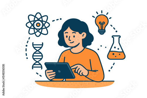 The concept of science education through e-learning is represented by a student using a tablet for an online course, accompanied by a vector illustration featuring an atom, DNA, lightbulb, and flask