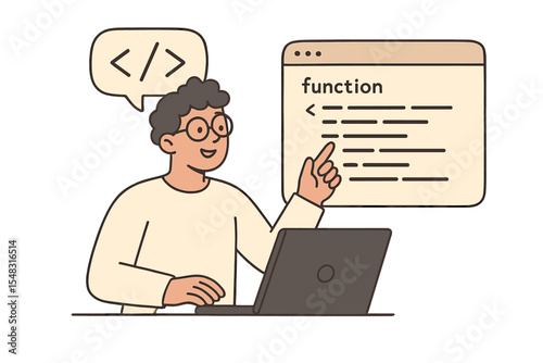 A hand-drawn illustration of a flat character vector concept for teaching programming development