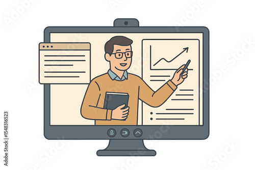 Male instructors are conducting lessons online through the concept of webinars, digital classrooms, and online teaching