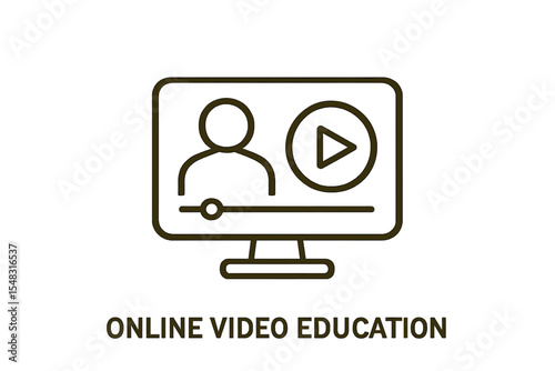 Vector illustration featuring a minimal online video line icon on an abstract yellow background with a computer displaying an online lecture sign and a web player symbol, accompanied by a wave banner
