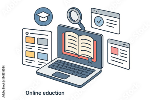 Isometric icon representing an online course catalog, symbolizing internet learning, online education, and content creation with a laptop displaying a book on its screen, incorporating seo