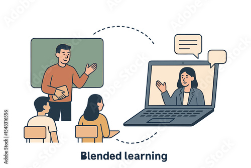 Vector illustration of blended learning concept, featuring a hybrid education model that combines traditional classroom instruction with online e-learning technology, where students learn with a