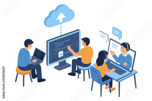 People characters are engaged in software development and cloud data transmission, embodying online education and e-learning concepts, where they also participate in video calls with teachers on