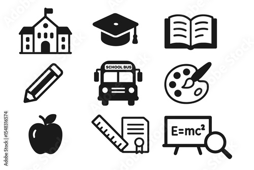 The Black and White School Icon Set is ideal for educational websites, online learning platforms, classroom printables, teacher resources, student applications, and academic presentations
