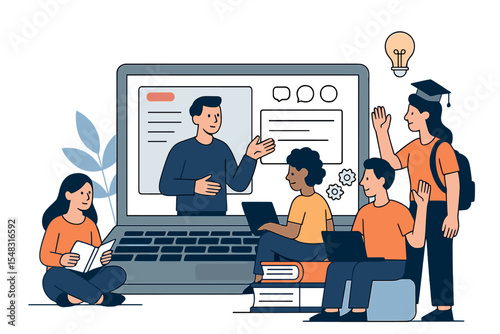 The concept of online education and e-learning is represented by students in a digital class setting, where a teacher conducts a webinar on a laptop, symbolizing distance learning and university