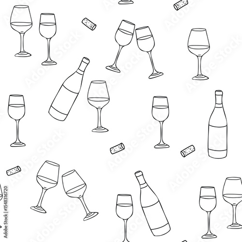 Wine graphic Seamless pattern. Wine Bottle, Cork and clinking Glasses. Hand drawn Vector illustration in Doodle style. For restaurant menus and graphic design projects.
