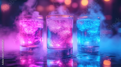 Three vibrant cocktails in neon light, smoky bar scene