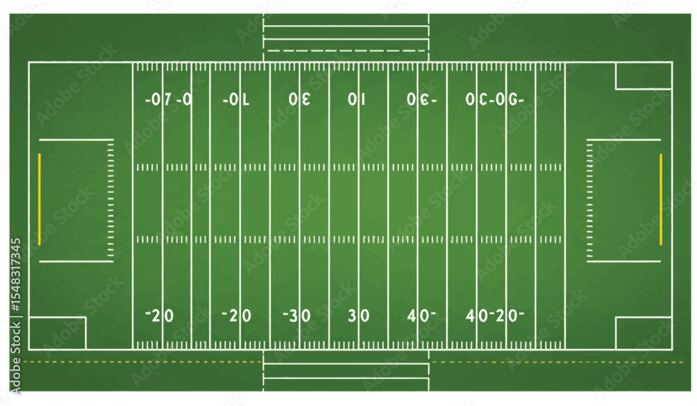 Obraz premium American football field, stripe grass with white pattern lines. Top view flat vector