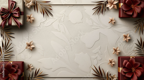Elegant festive frame with gift boxes and decorative leaves. Template with space for text for greeting cards, invitations, or holiday sale offers
