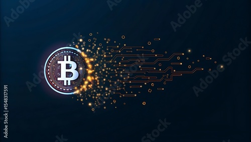Disintegration of a BTC bitcoin, Cryptocurrency collapse related conceptual. Vanishing Bitcoin Sign