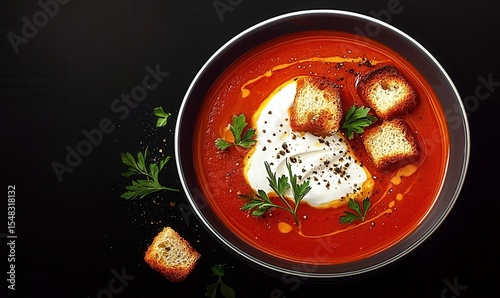 Tomato soup garnished with croutons, sour cream, and herbs placed on a dark background for a rich culinary experience