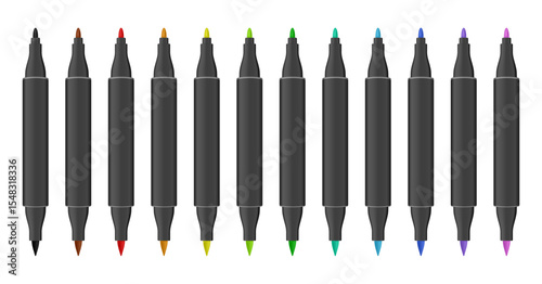 Set of black dual tip markers. Rainbow palette. Coloring or sketching supplies. Water-based or alcohol marker pen. Brush tip