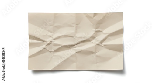 A crumpled paper rectangle, slightly flattened, with realistic creases and folds, casting a gentle shadow, isolated on white

