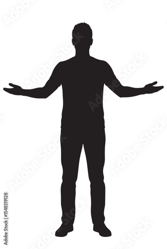 Flat black silhouette of man standing full body, front view, both hands extended forward as if presenting or offering something on white background PNG